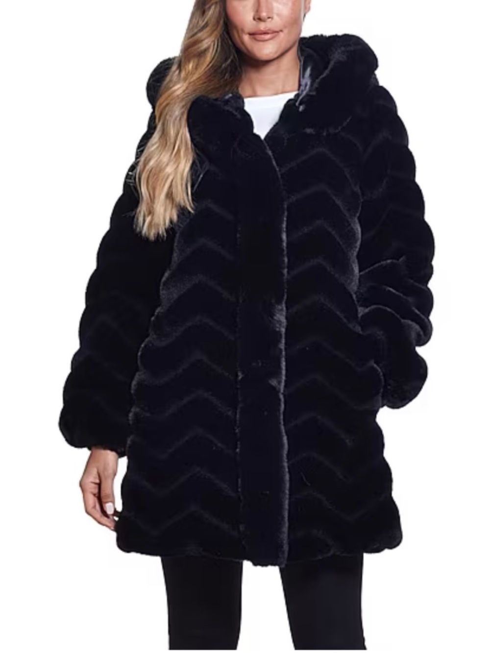 Gallery Black Hooded Heavyweight Faux Fur Coat Large NWOT